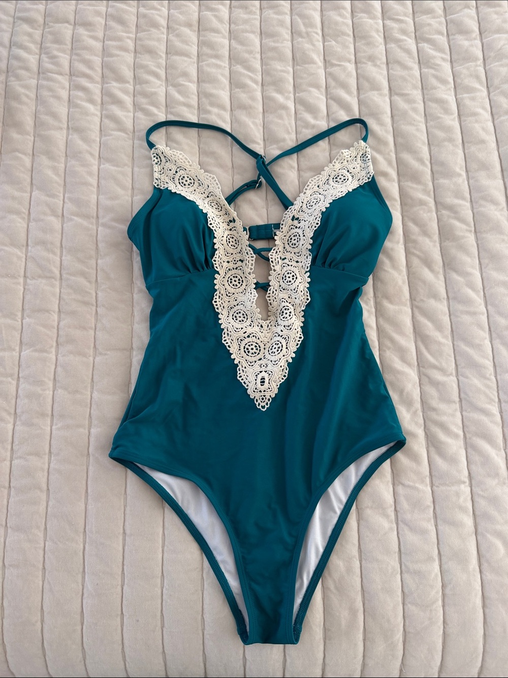 Cupshe Teal One-Piece Swimsuit with White Crochet Plunge